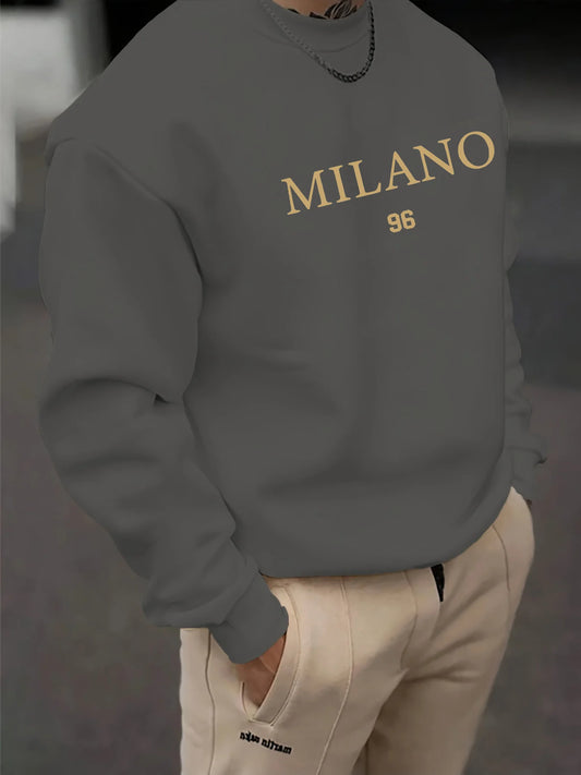 Men's autumn and winter fashionable casual loose MILANO 96 letter pattern printed long sleeved round neck sweatshirt