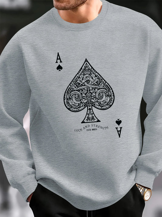 Men's autumn and winter thick velvet warm casual loose poker card A-line printed round neck long sleeved pullover