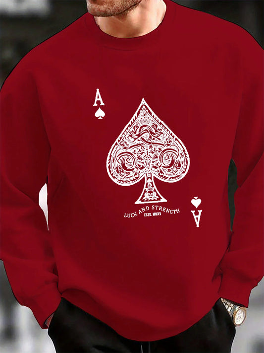 Men's autumn and winter thick velvet warm casual loose poker card A-line printed round neck long sleeved pullover