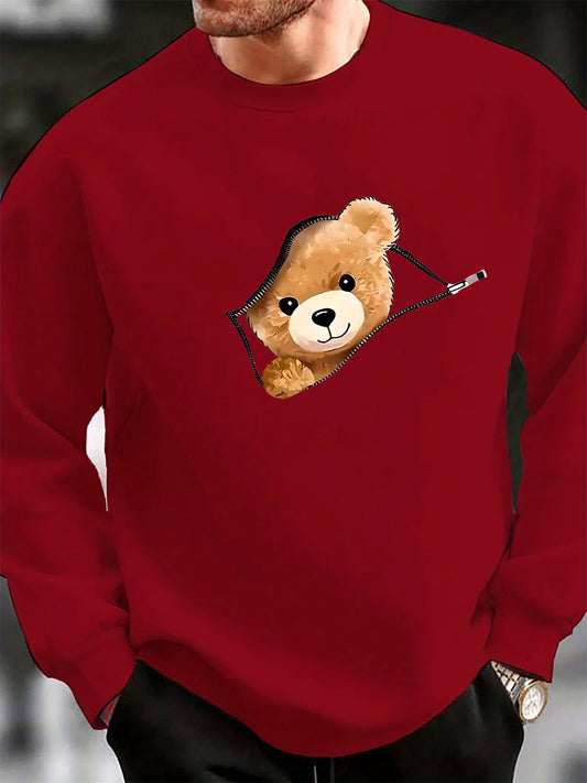Men's autumn and winter fashionable casual loose cartoon bear zipper pattern printed long sleeved round neck sweatshirt