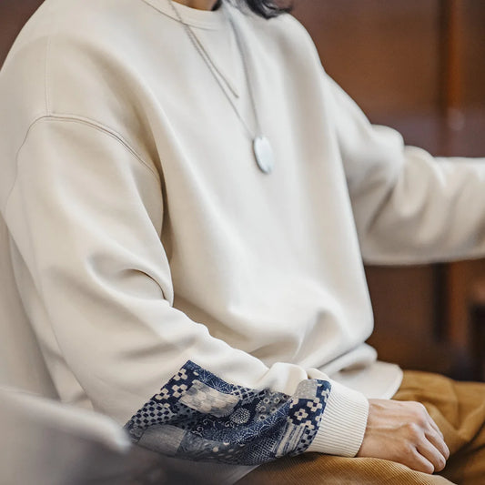 Maden Vintage Boro Patchwork Sweatshirt Casual Round-Neck Tops Men's Classic Pullover for Spring and Autumn Fashion Streetwear