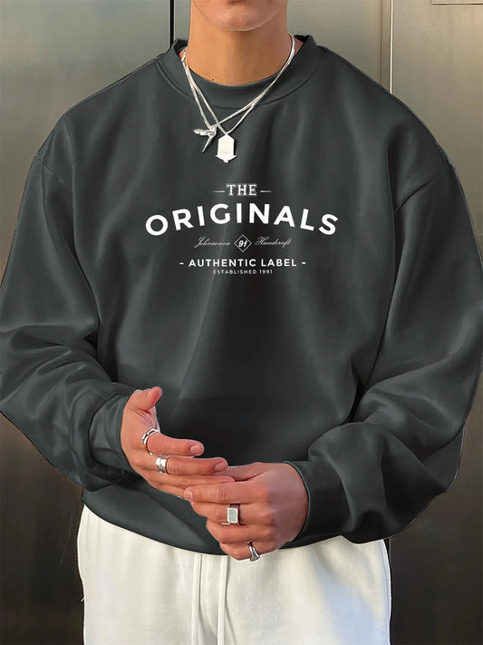 Men's autumn and winter thick velvet warm casual loose THE ORIGINALS letter pattern printed round neck long sleeved pullover