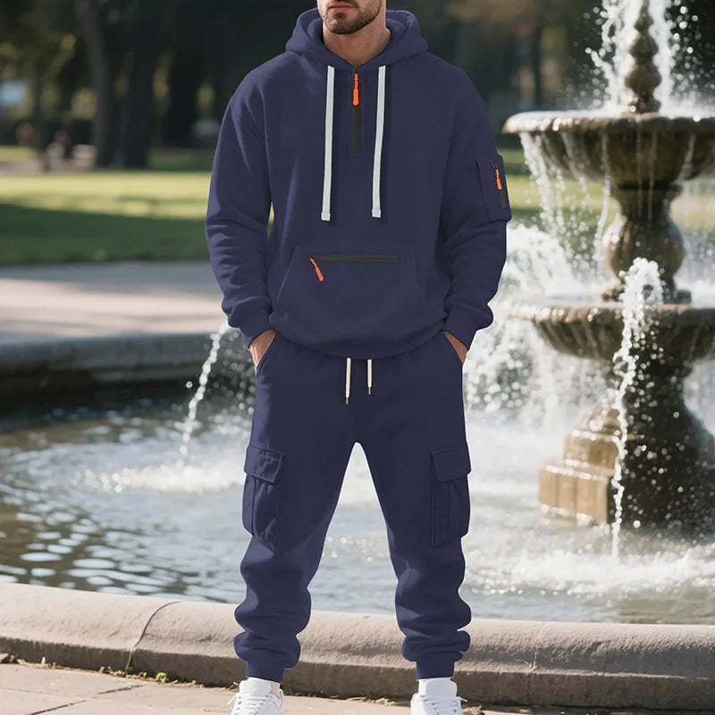 Men’s Fleece Zipper Sports Set with Multi-Pocket Pants