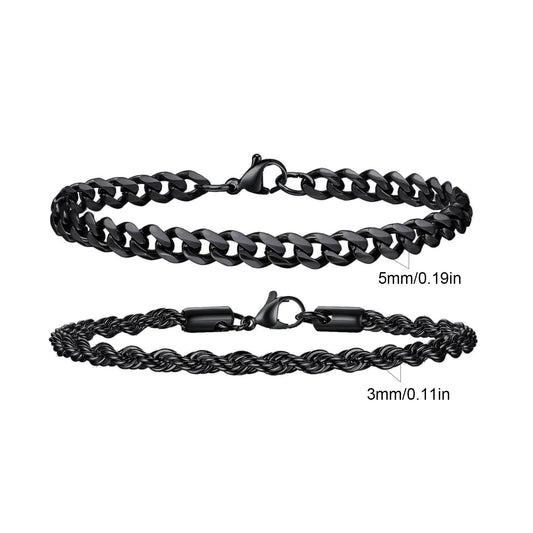 2pcs Men's Chain Bracelets,Stainless Steel Silver Gold Black Color Twist Rope Chain Wristband,Trendy Cuban Link Chains Gift