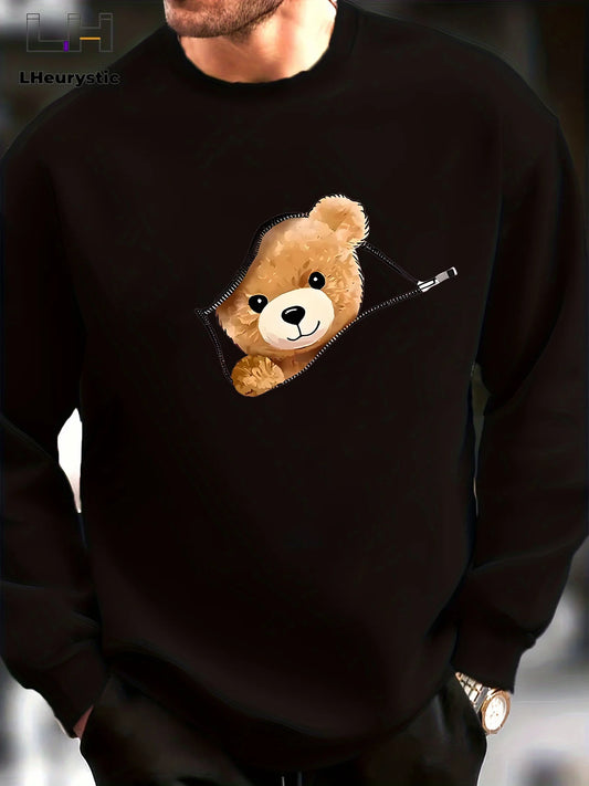 Men's autumn and winter fashionable casual loose cartoon bear zipper pattern printed long sleeved round neck sweatshirt