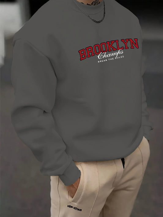 Men's autumn and winter fashionable casual loose Brooklyn letter pattern printed long sleeved round neck sweatshirt