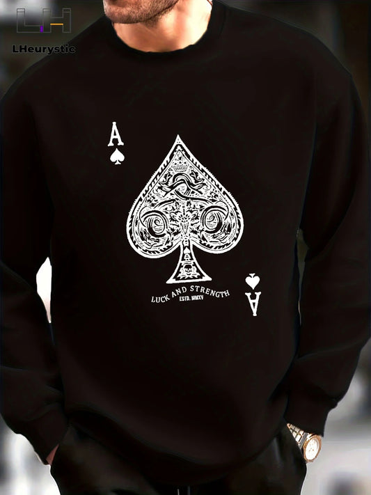 Men's autumn and winter thick velvet warm casual loose poker card A-line printed round neck long sleeved pullover