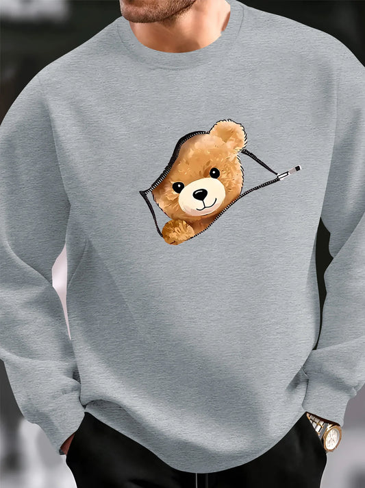 Men's autumn and winter fashionable casual loose cartoon bear zipper pattern printed long sleeved round neck sweatshirt
