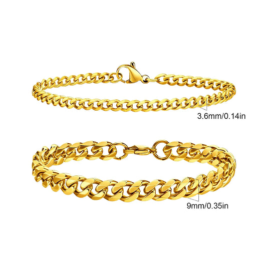 2pcs Men's Chain Bracelets,Stainless Steel Silver Gold Black Color Twist Rope Chain Wristband,Trendy Cuban Link Chains Gift