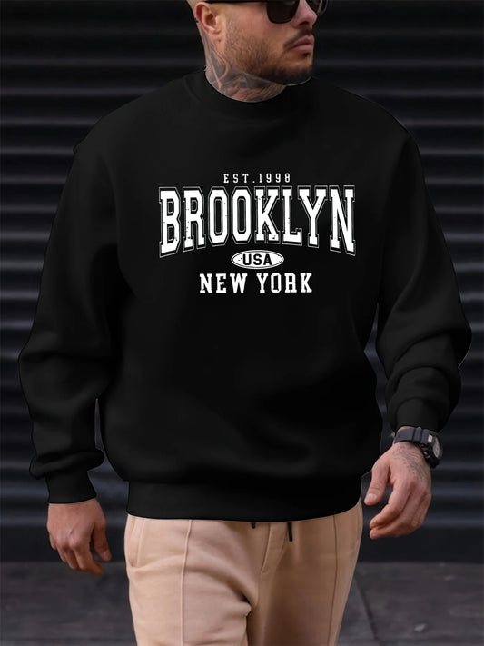 Men's autumn and winter fashionable casual loose Brooklyn letter pattern printed long sleeved round neck sweatshirt