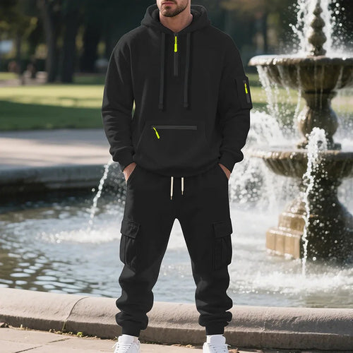 Men’s Fleece Zipper Sports Set with Multi-Pocket Pants