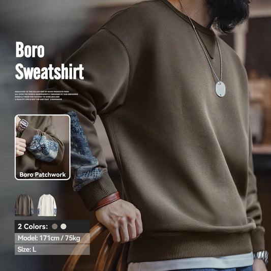 Maden Vintage Boro Patchwork Sweatshirt Casual Round-Neck Tops Men's Classic Pullover for Spring and Autumn Fashion Streetwear