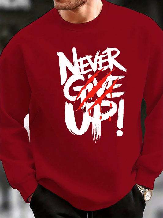 Men's autumn and winter fashionable casual loose NEVER GIVE UP letter pattern printed long sleeved round neck sweatshirt