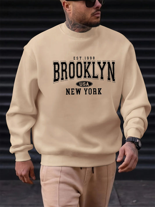 Men's autumn and winter fashionable casual loose Brooklyn letter pattern printed long sleeved round neck sweatshirt