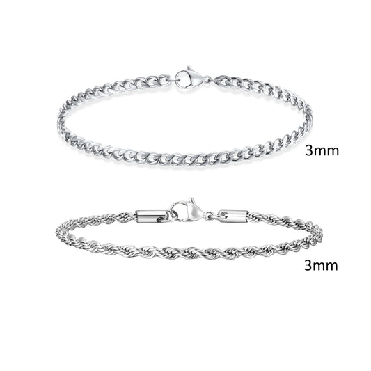2pcs Men's Chain Bracelets,Stainless Steel Silver Gold Black Color Twist Rope Chain Wristband,Trendy Cuban Link Chains Gift