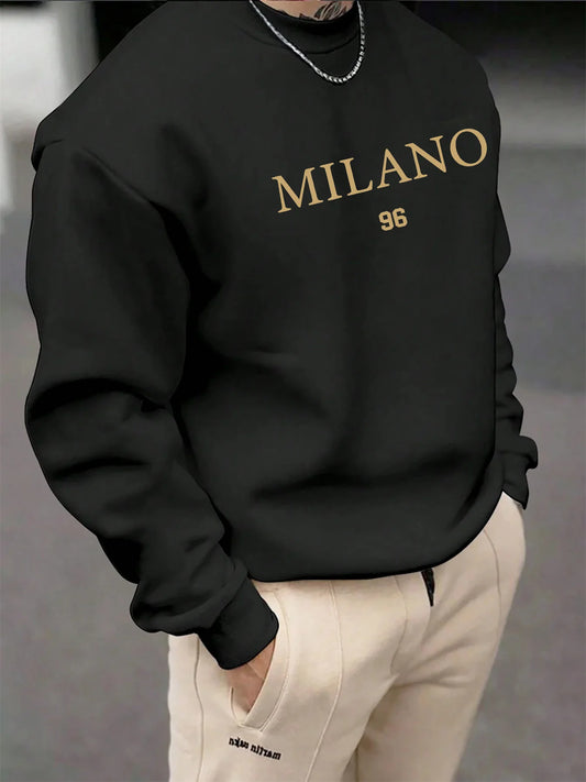 Men's autumn and winter fashionable casual loose MILANO 96 letter pattern printed long sleeved round neck sweatshirt