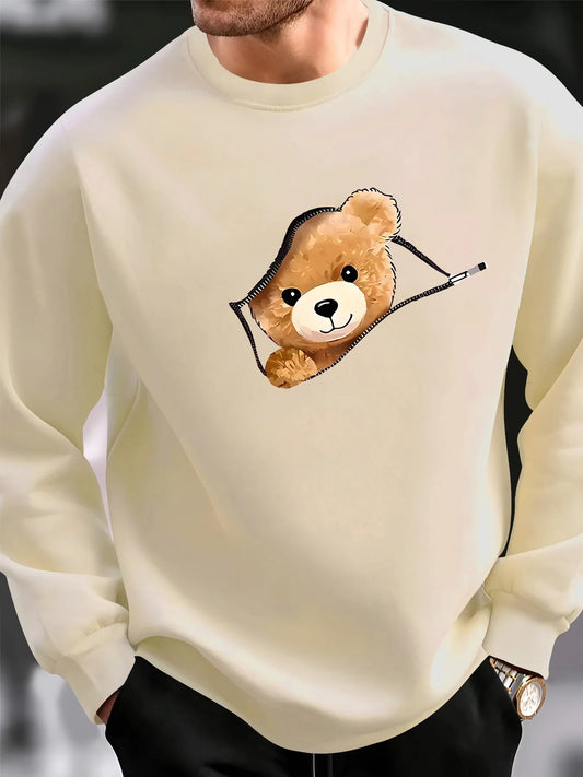 Men's autumn and winter fashionable casual loose cartoon bear zipper pattern printed long sleeved round neck sweatshirt