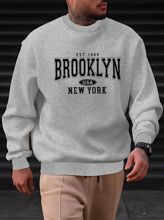 Men's autumn and winter fashionable casual loose Brooklyn letter pattern printed long sleeved round neck sweatshirt