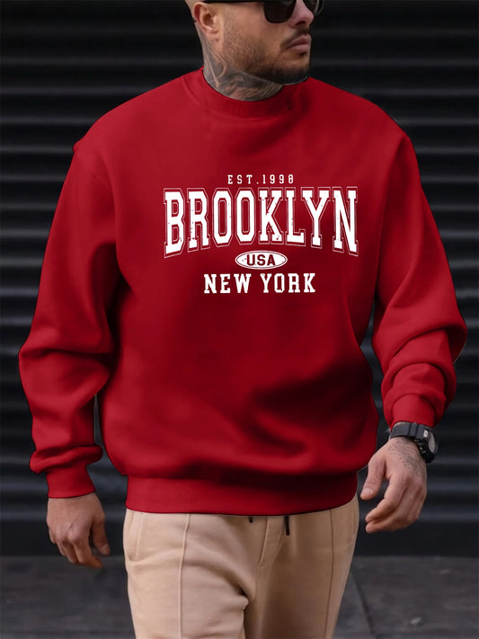 Men's autumn and winter fashionable casual loose Brooklyn letter pattern printed long sleeved round neck sweatshirt