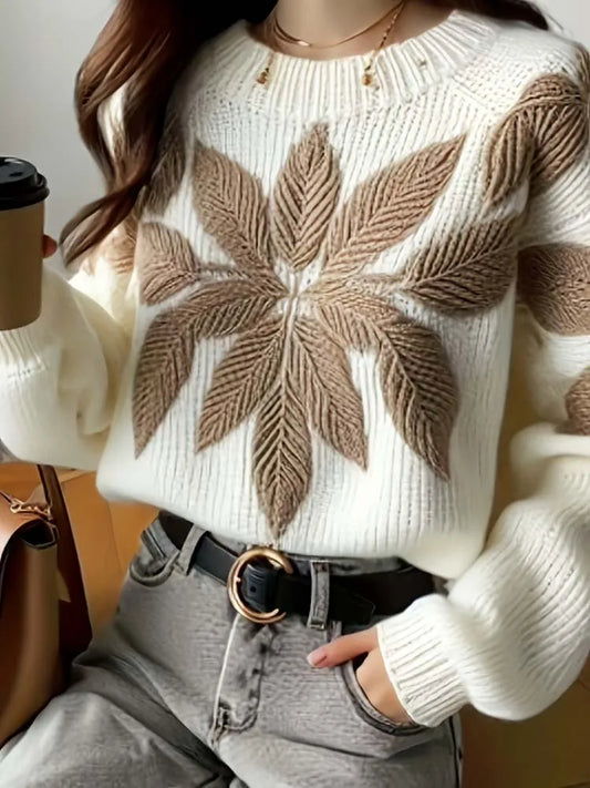 Round Neck Knit Sweater with Floral Embroidery
