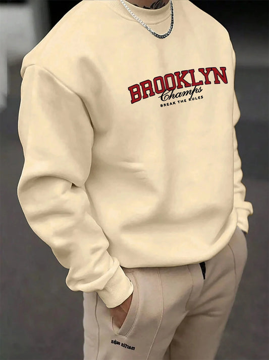 Men's autumn and winter fashionable casual loose Brooklyn letter pattern printed long sleeved round neck sweatshirt