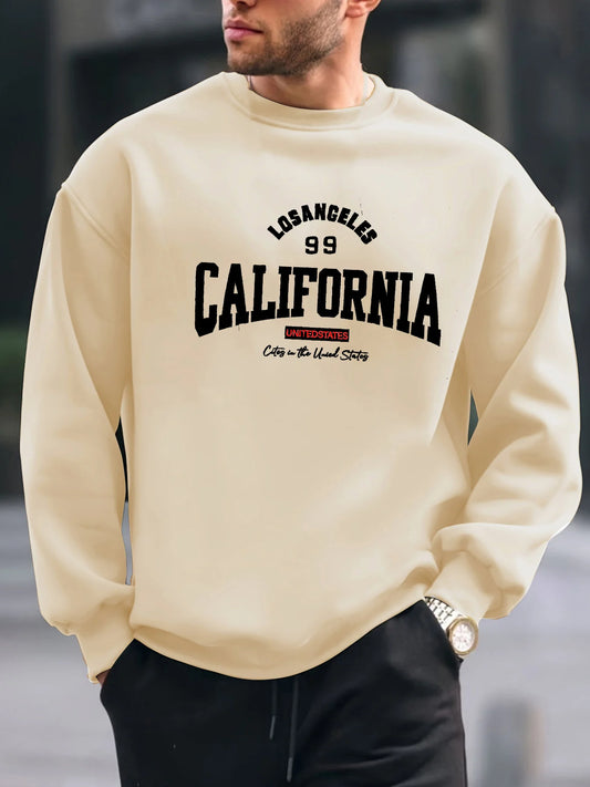 Men's autumn and winter fashionable casual loose California letter pattern printed long sleeved round neck sweatshirt