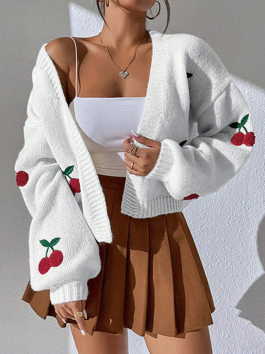 Loose Fit Cherry Embroidered Cardigan for Women
