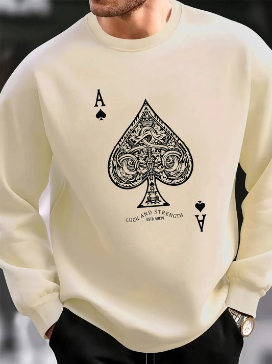 Men's autumn and winter thick velvet warm casual loose poker card A-line printed round neck long sleeved pullover