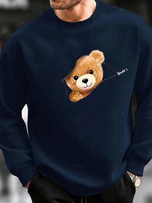 Men's autumn and winter fashionable casual loose cartoon bear zipper pattern printed long sleeved round neck sweatshirt
