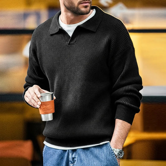 Maden Retro Polo Neck Knit Vertical Woven Polo Shirt Lazy Pullover Sweater Men's Autumn and Winter Lapel Soft Warm