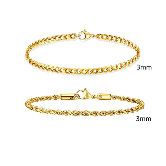2pcs Men's Chain Bracelets,Stainless Steel Silver Gold Black Color Twist Rope Chain Wristband,Trendy Cuban Link Chains Gift