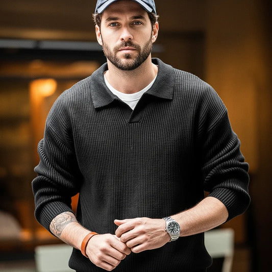 Maden Retro Polo Neck Knit Vertical Woven Polo Shirt Lazy Pullover Sweater Men's Autumn and Winter Lapel Soft Warm