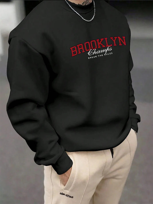 Men's autumn and winter fashionable casual loose Brooklyn letter pattern printed long sleeved round neck sweatshirt